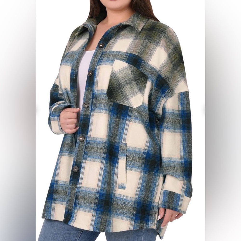 Zenana Oversized Yarn Dyed Plaid Button-Down Longline Shacket Blue/Olive Sz M